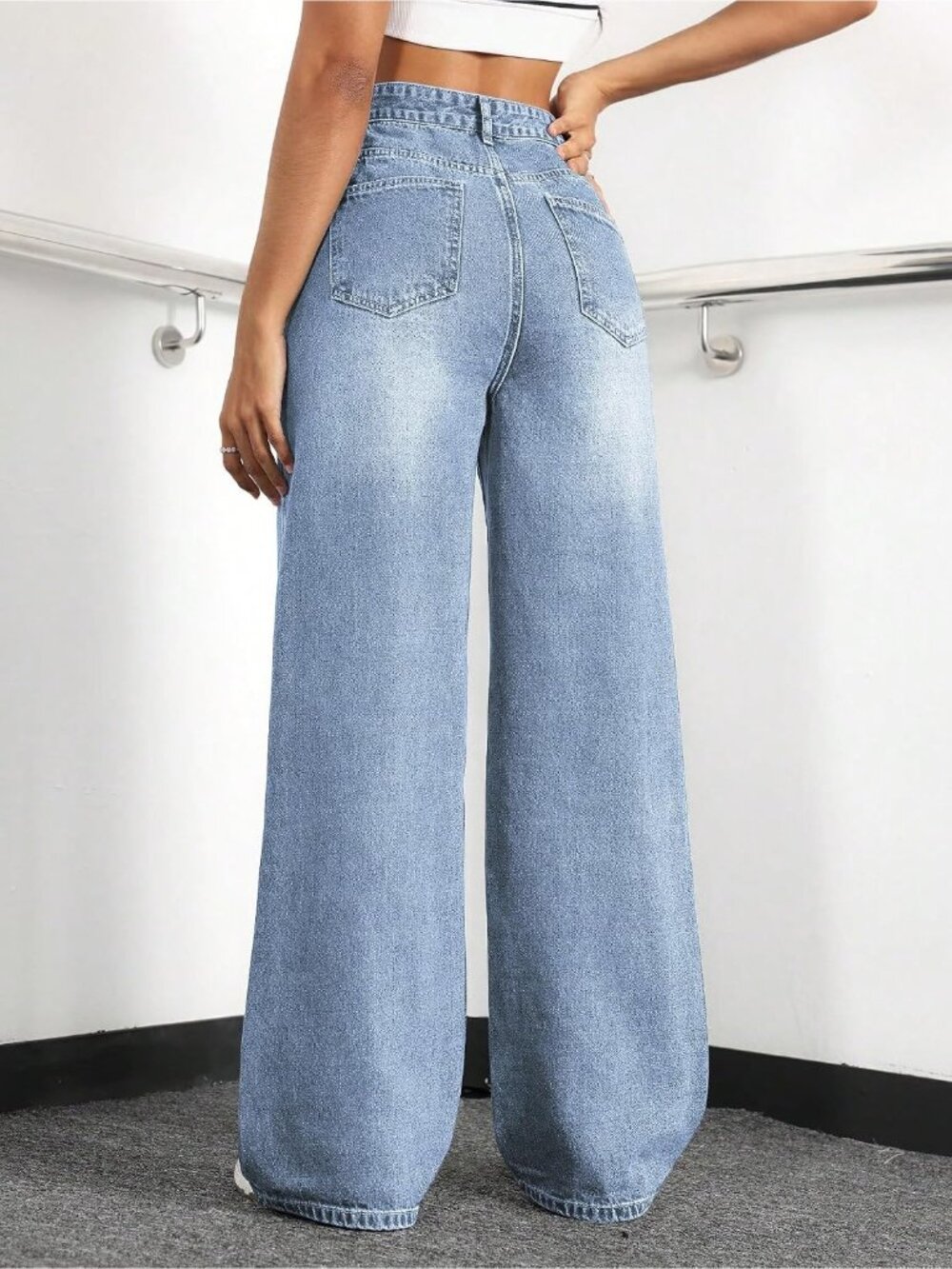 Women's Light Blue Baggy Trendy Five Pockets High Waisted Wide Leg Denim Pants - Picture 4 of 6